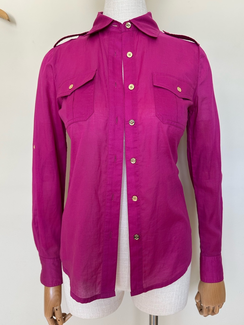Tory Burch Fuchsia Cotton Button-Up Shirt with Gold Buttons